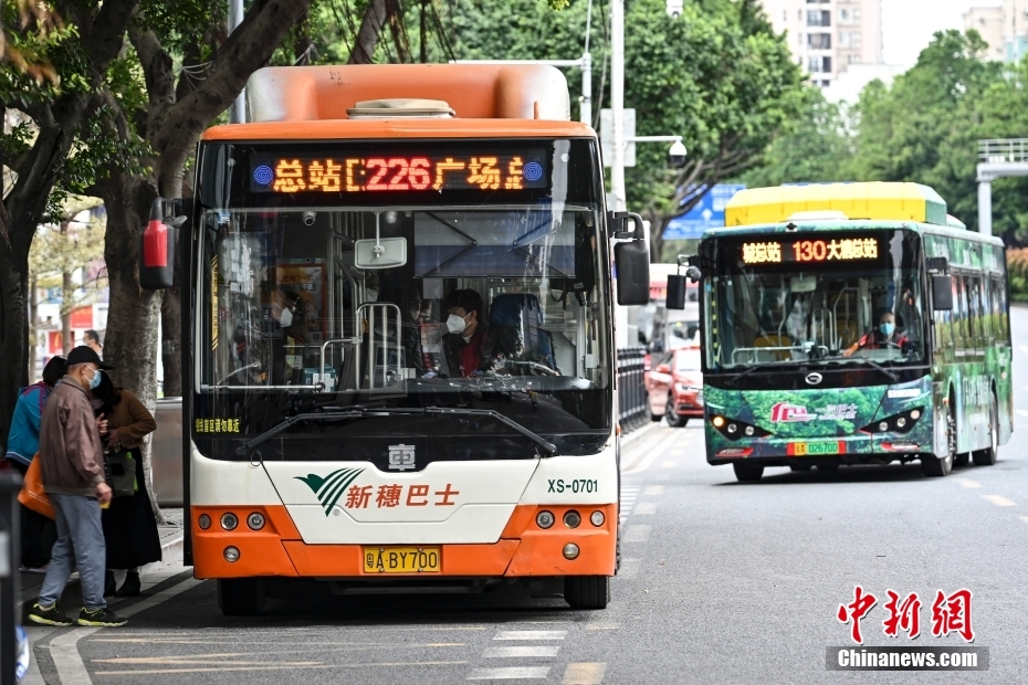 12月1日，廣東省廣州市海珠區(qū)，公交車有序進站。中新社記者 陳驥旻 攝 